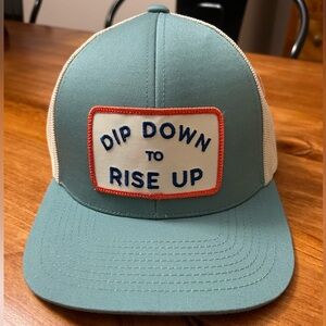 Dip Down to Rise Up Pacifica Blue and White Trucker Hat with Snap Close